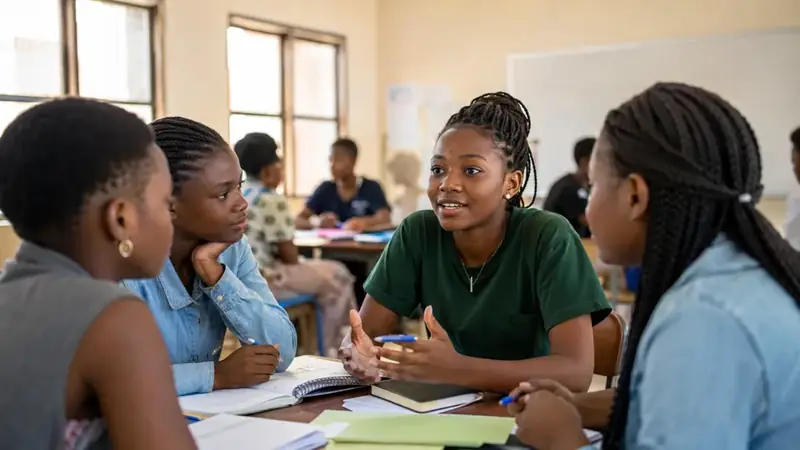 Illustration of girls learning together; not a photograph of an Agape activity